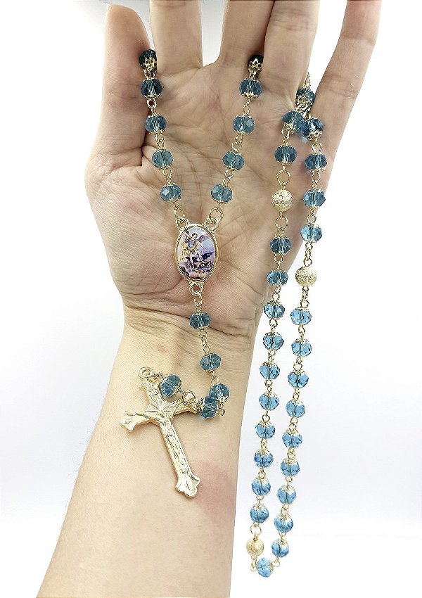Terço Cristal 8mm Azul São Miguel Arcanjo - Quaresma