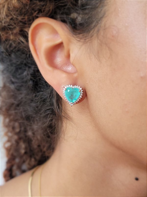 Brinco Coração com Pedra Fusion Azul Tiffany