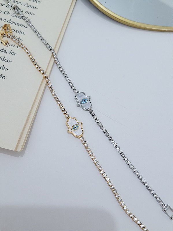 Pulseira Riviera com Pingente de Mão de Fátima