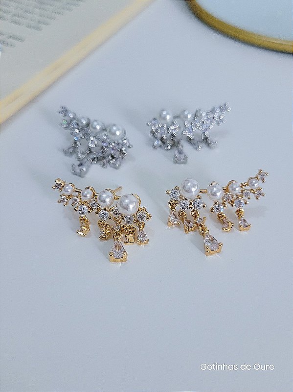 Brinco Ear Cuff com Zircônias e Pérolas
