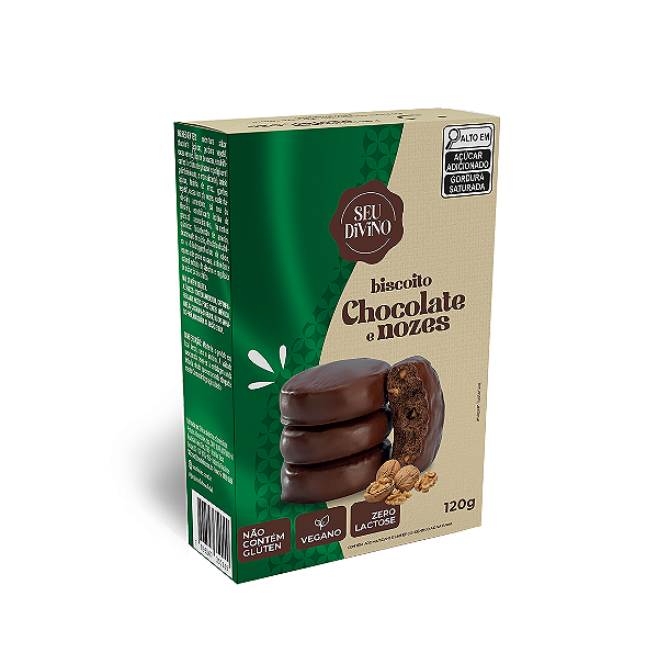 Biscoitos Chocolate com Nozes 120g com Cobertura de Chocolate - Vegano, Sem Glúten e Lactose