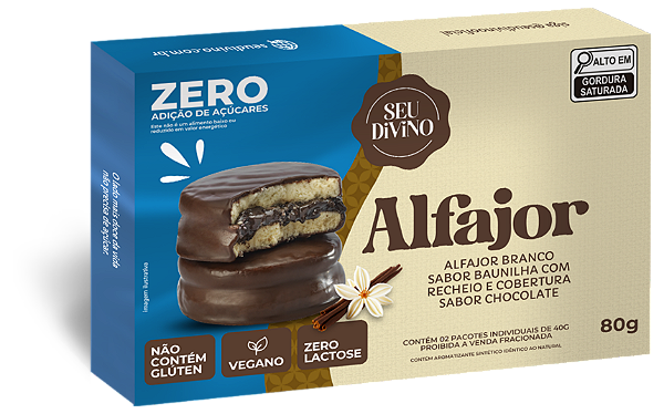 Alfajor Zero Açúcar Baunilha 80g Recheio e Cobertura de Chocolate Zero Açúcar -Vegano, Sem Glúten e Lactose