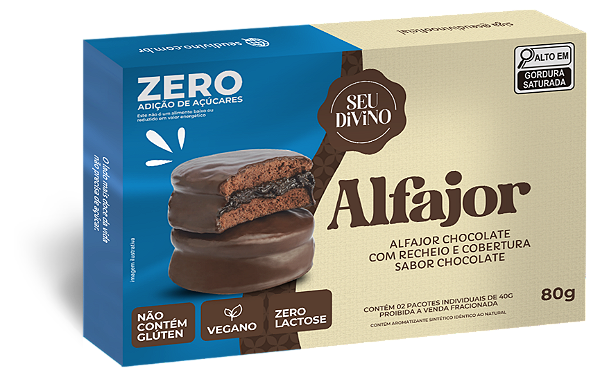 Alfajor Zero Açúcar Chocolate 80g Recheio e Cobertura de Chocolate Zero Açúcar - Vegano, Sem Glúten e Lactose