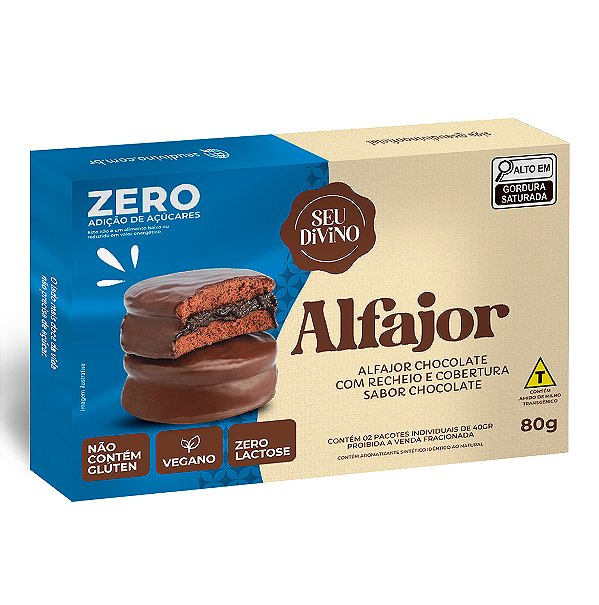 Alfajor Zero Açúcar Chocolate 80g Recheio e Cobertura de Chocolate Zero Açúcar - Vegano, Sem Glúten e Lactose