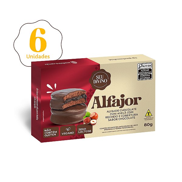 Pack c/ 06 und Alfajor Chocolate com Avelã 80g Recheio e Cobertura sabor Chocolate - Vegano, Sem Glúten e Lactose