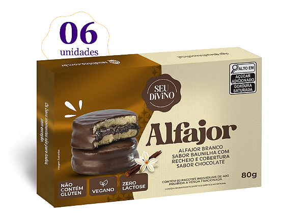 Pack c/ 06 und Alfajor Branco Baunilha 80g Recheio e Cobertura de Chocolate - Vegano, Sem Glúten e Lactose