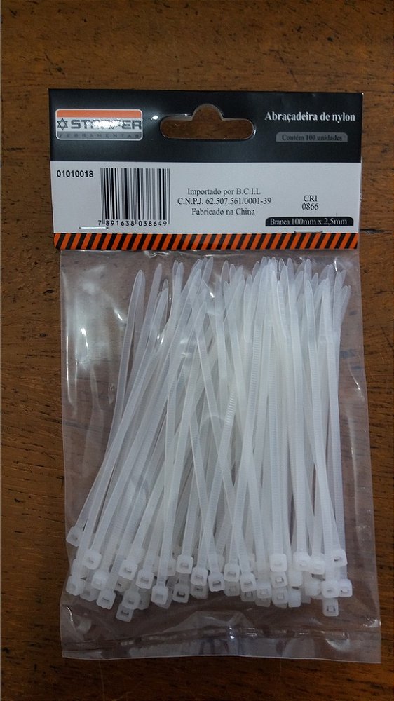 ABRAÇADEIRA DE NYLON BRANCA 100X2.5MM PACOTE COM 100 UNIDADES