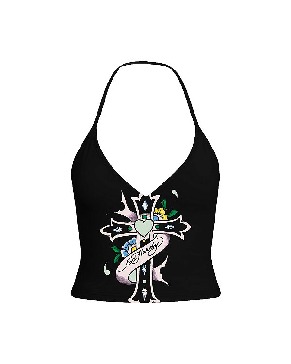 Ed Hardy - Blusa frente única Preto "Blue Hearts"