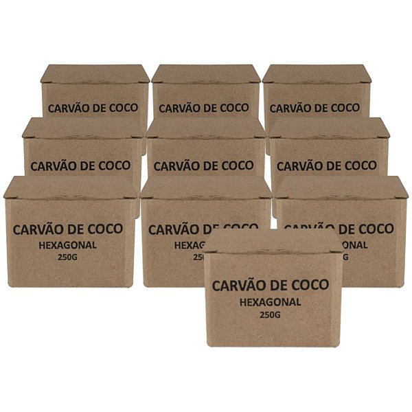 Kit 10 Caixas de Carvão de Coco Hexagonal 250gr Cada (2,5kg)