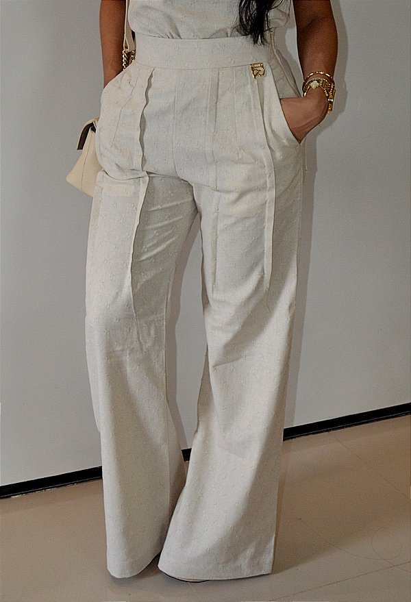 Calça Linho Natural com Tecido Trabalhado Pantalona com Nervuras