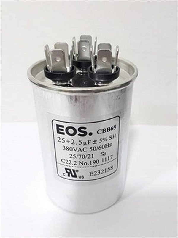 Capacitor permanente duplo 25+2,5 MFD 380V com terminal EOS