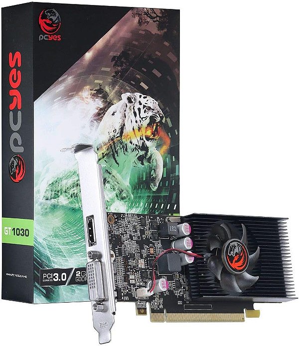 Placa de Vídeo PCYES NVIDIA Geforce GT 1030 2GB GDDR5 64 Bits com Kit Low Profile, Single-Fan