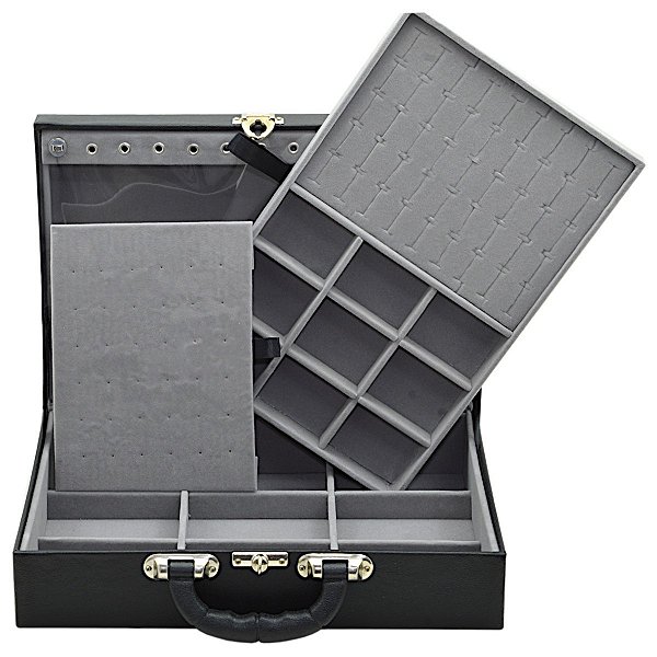 Maleta de Joias Dupla Grande 35 x 23,5 x 9,5 cm - Com Espelho Preto com Cinza