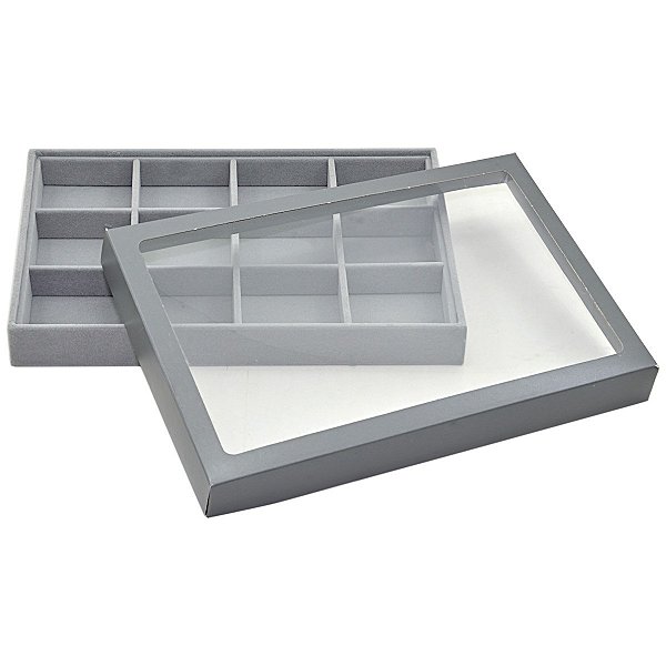 Bandeja Média 12 Quadriculados Para Joias 30 x 20 x 3 cm -  Brincos Veludo Com Tampa em P.V.C