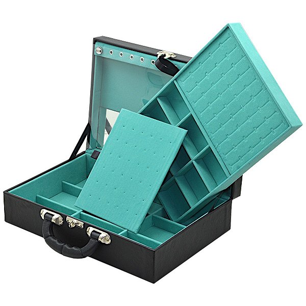 Maleta de Joias Dupla Grande 35 x 23,5 x 9,5 cm - Com Espelho Preto com Verde Tiffany