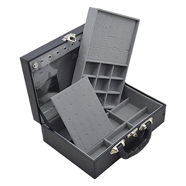 Maleta de Joias Dupla Media 28 x 19 x 9,5 cm - Com Espelho Preto com Cinza