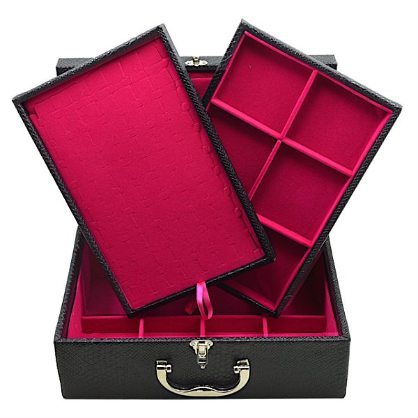 Maleta de joias GrandeTripla 35,5 x 24,5 x 12,5 cm em Corino Preto com protetor de correntes em veludo Pink com Dobradiça