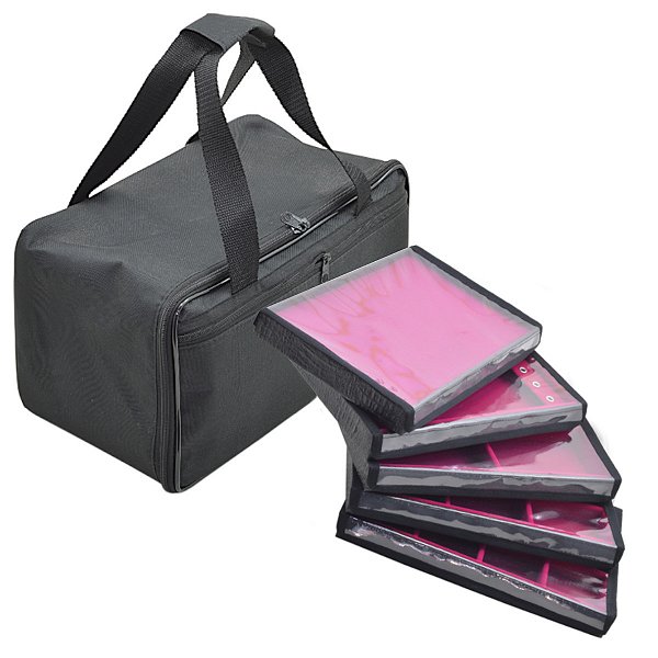 Bolsa Com 5 Bandejas, Quadriculada, Corrente E Anel - Joias Pink