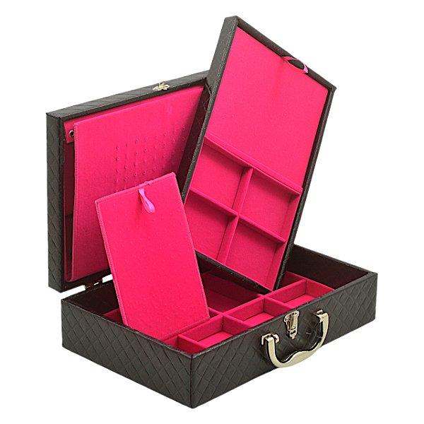 Maleta Dupla Grande com Dobradiça 34,5 x 23,5 x 9,5 cm Corino Preto protetor de correntes em veludo Pink