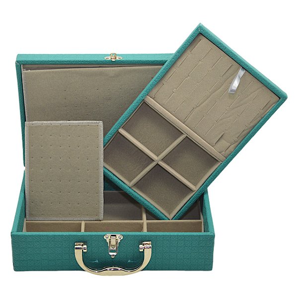 Maleta de Joias Dupla Media 29,5 x 19,5 x 9,5 cm - com  Dobradiça e alça Cromada - Corino Tiffany com veludo Cinza