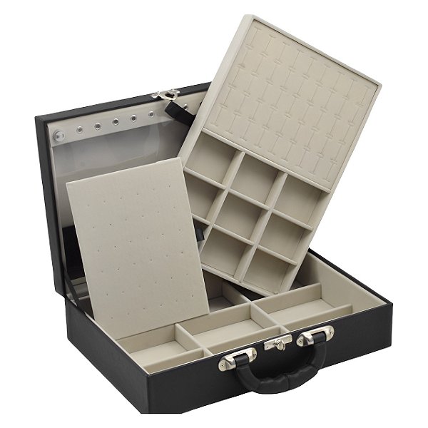 Maleta de Joias Dupla Grande 35 x 23,5 x 9,5 cm - Com Espelho Preto com Off-white