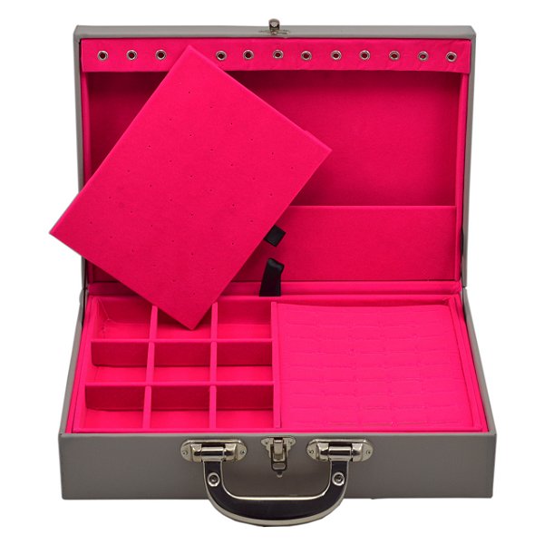 Maleta de Joias Dupla Grande 35 x 23,5 x 9,5 cm - Alça cromada Corino Cinza com Pink