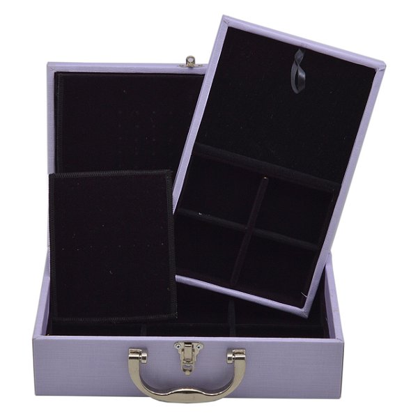 Maleta de Joias Dupla Média 9 x 29 x 19 - Alça cromada Corino Roxo com Preto