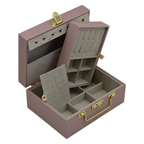 Maleta para joias Dupla Pequena 20 x 15,5 x 9 cm com dobradiça - Rose com Suede Areia