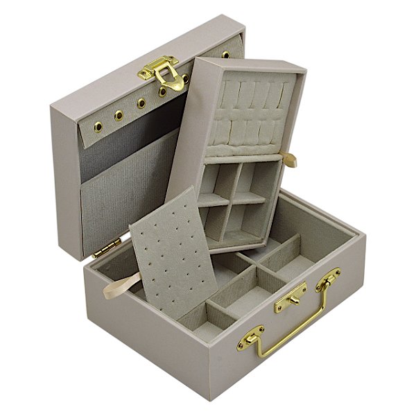 Maleta para joias Dupla Pequena 20 x 15,5 x 9 cm com dobradiça - OFF WHITE com Suede Areia