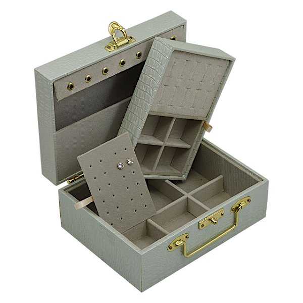 Maleta para joias Dupla Pequena 20 x 15,5 x 9 cm com dobradiça - Verde Água CROCO com Suede Areia