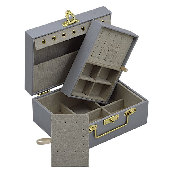 Maleta para joias Dupla Pequena 20 x 15,5 x 9 cm com dobradiça - Cinza com Suede Areia