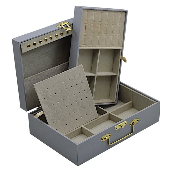 Maleta para joias Dupla Média 30 x 20 x 9 cm com dobradiça - Cinza com Suede Areia