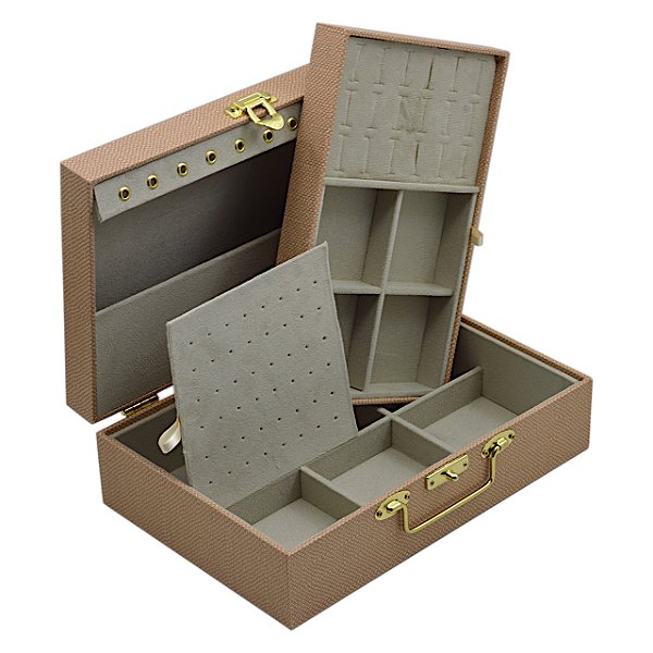Maleta para joias Dupla Média 30 x 20 x 9 cm com dobradiça - Pêssego Pérola com Suede Areia