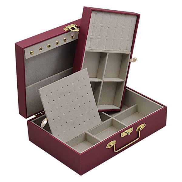Maleta para joias Dupla Média 30 x 20 x 9 cm com dobradiça - Marsala com Suede Areia