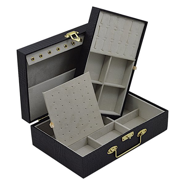 Maleta para joias Dupla Média 30 x 20 x 9 cm com dobradiça - Preto com Suede Areia