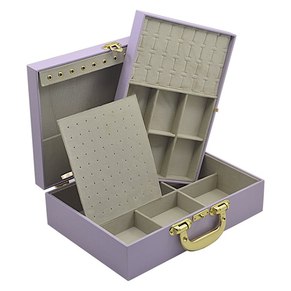 Maleta para joias Dupla Grande 35 x 25 x 10 cm com dobradiça - Lilás com Suede Areia