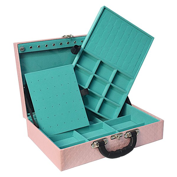 Maleta de Joias Dupla Grande 35 x 24 x 9,5 cm - Com Espelho Dijon Rosa Bebê com Veludo Tiffany