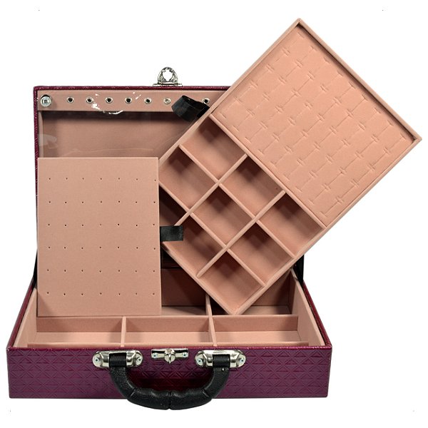 Maleta de Joias Dupla Grande 35 x 24 x 9,5 cm - Com Espelho Dijon Vinho com Rose