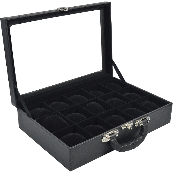 Maleta Estojo para 15 Relógios com Visor de Vidro em Corino Preto e Interior em Veludo