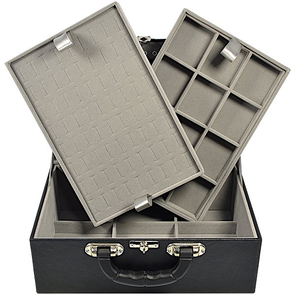 Maleta para Joias Tripla Grande 32 x 22 x 13,5 cm - Corino Preto com veludo Cinza