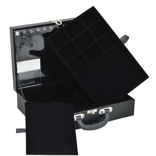 Maleta de Joias Dupla Grande 35 x 23,5 x 9,5 cm - Com Espelho Preto com Preto