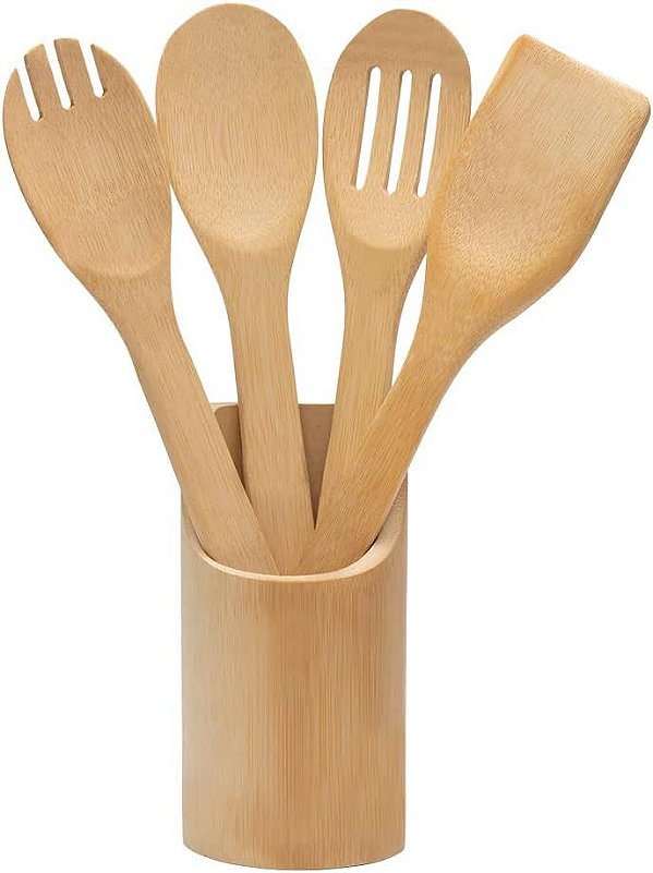 Kit de Utensílios 5 Peças Produzido em Bambu 100% Ecológico Ecokitchen Utensílios bambo Resistentes ao Calor