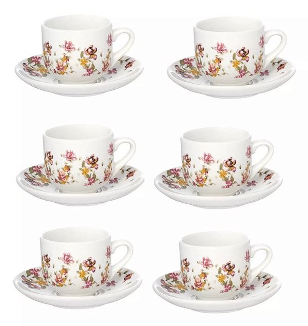 Jogo Xicaras Cafe Expresso De Porcelana 90 Ml Flores Cor Floral - Xicaras e Pires Hauskraft