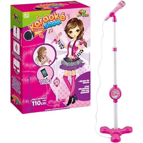 Brinquedo Microfone Karaokê Com Pedestal Rosa Conecta No Celular Infantil Criança Menina Cabo P2 Incluso Toca Suas Músic