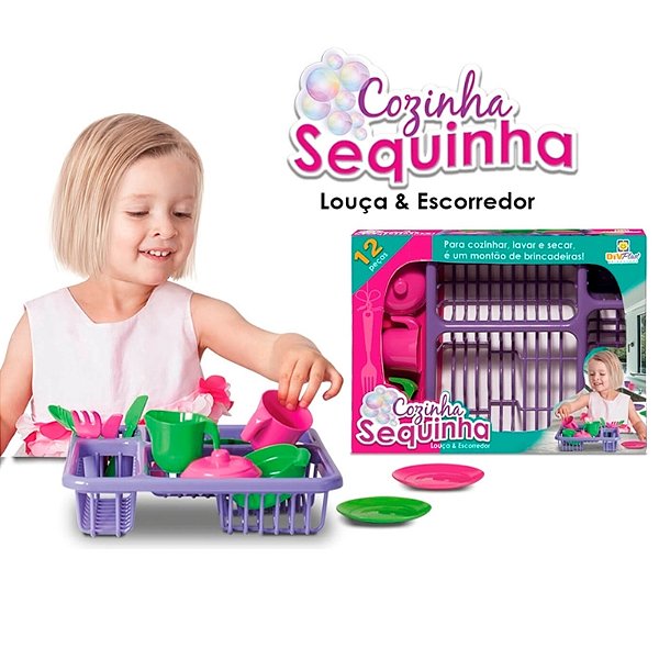 Kit Cozinha Sequinha com 12 Pecas - Kit Cozinha Infantil Sequinha com Escorredor e Acessorio -  PANAMI