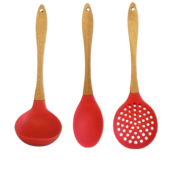 Kit Utensilios de Silicone com Cabo de Madeira - Resistente Altas Temperaturas Talheres Escumadeira Concha Colher