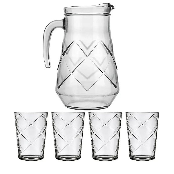Kit JARRA mais 04 Copos de Vidros - Conjunto de Jarra e Copo Maracatu Nadir Com 5 Peças - Nadir Figueredo