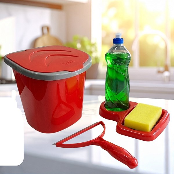 Kit Lixeira Rodinho Porta Detergente De Pia Cozinha Keita