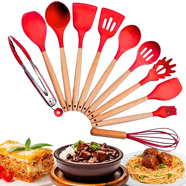 Kit 12 Utensilios de Cozinha Silicone com Suporte e Cabo de Madeira Bambu Antiaderentes Kitchen Utensils Set - PANAMI