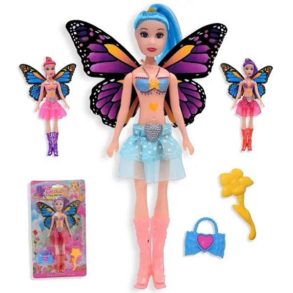 Boneca Fada Borboleta Com Asas E Acessórios Bolsinha Pente